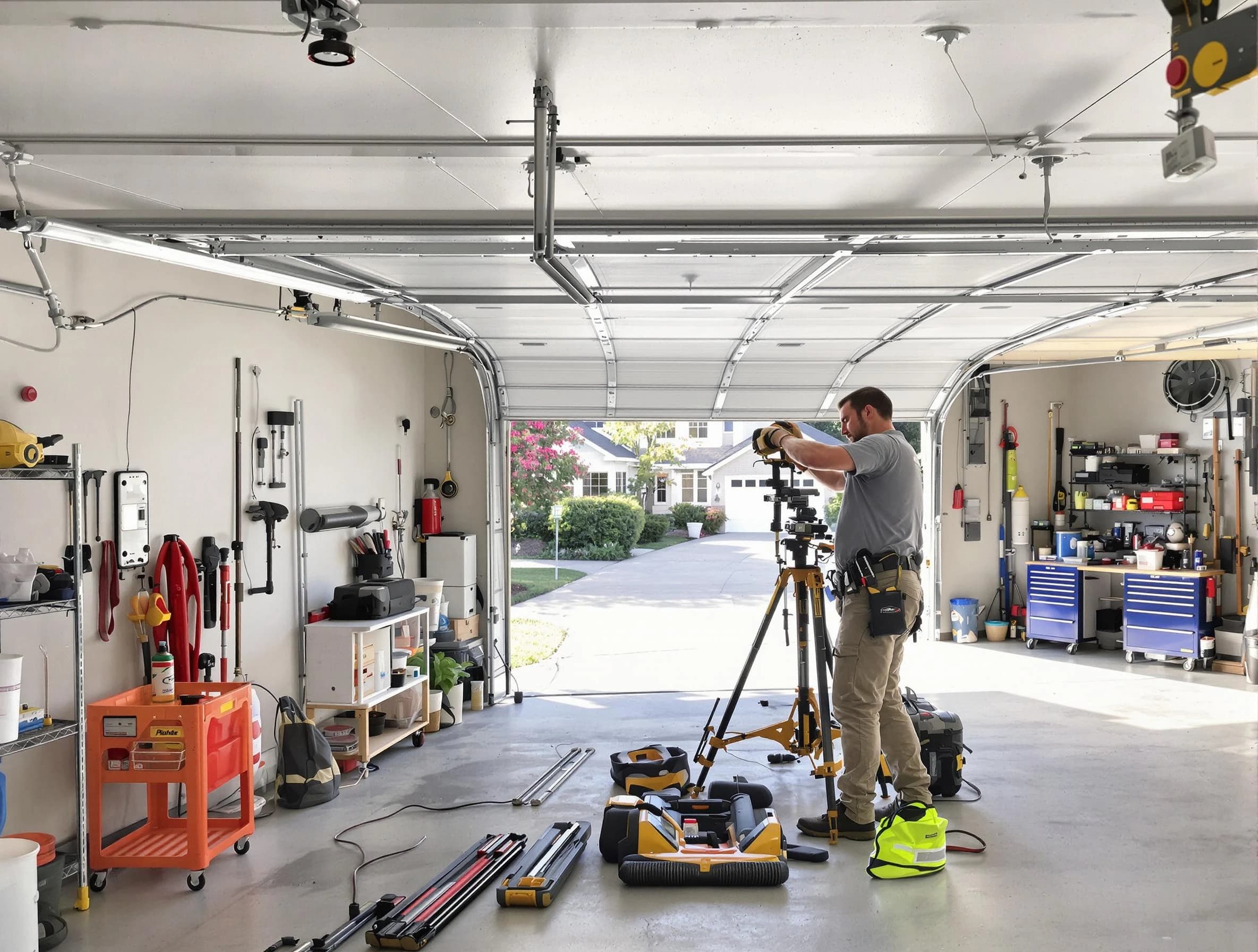 Westford Garage Door Repair specialist performing laser-guided track alignment in Westford