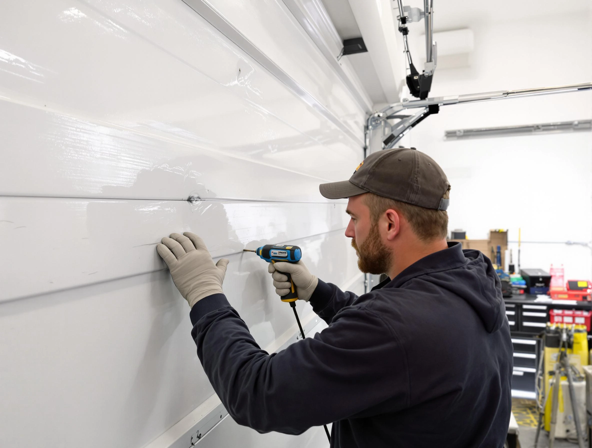 Westford Garage Door Repair technician demonstrating precision dent removal techniques on a Westford garage door